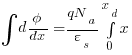 int{}{}{d{phi}/{dx}} = {qN_a}/{varepsilon_s} {int{0}{x_d}{x}} 